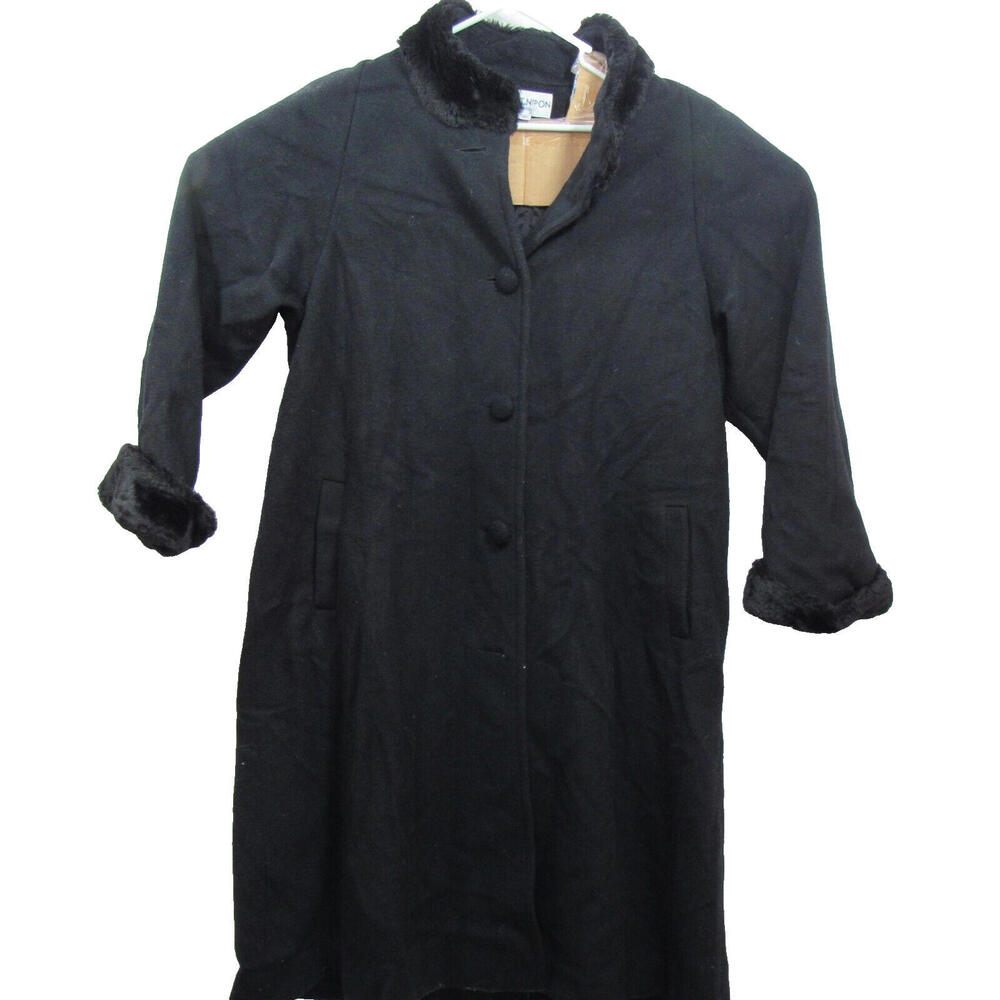 Albert Nipon Womens Coat Sz 14 Black Wool Faux Fur Long Button Front Vtg Classic